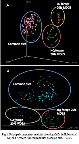 Fig 1. Principal component analysis showing shifts in Eubacterial (A) and Archaea (B) communities based on diet. P<0.05
